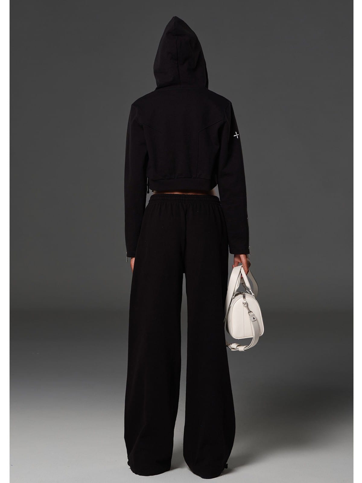 SMFK Cotton Wool Blend Cropped Zip Up Hoodie in Black - On Model