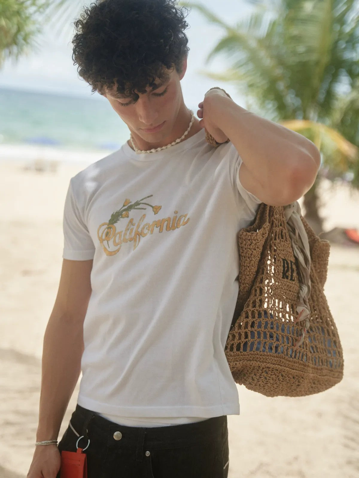 Retro 21 California Graphic Cotton T Shirt in White - On Male Model
