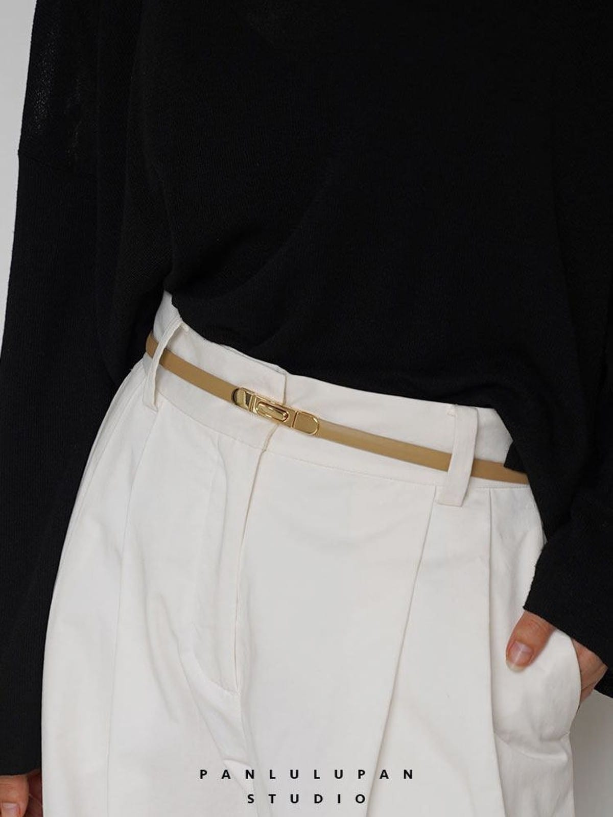 PANLULUPAN Slim Leather Belt with Interlocking Buckle in Beige - On Female Model