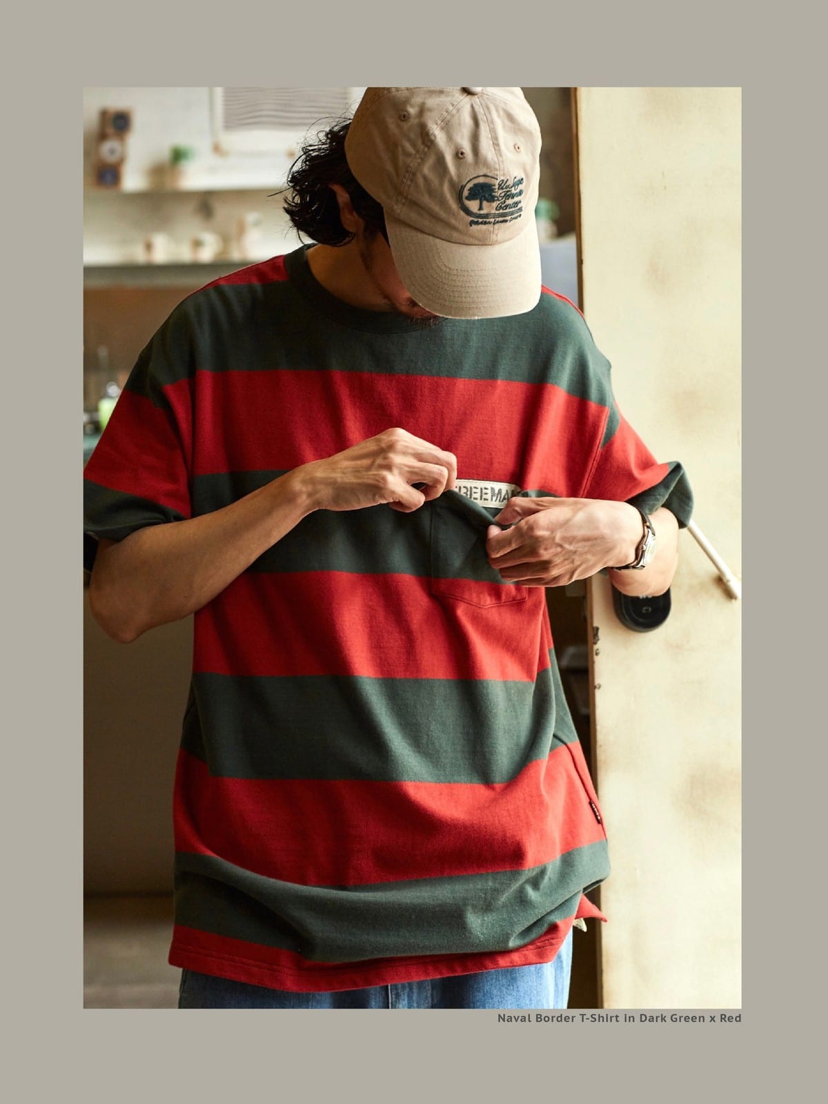 USAGE Wide Striped Cotton Pocket T Shirt in Green - On Male Model