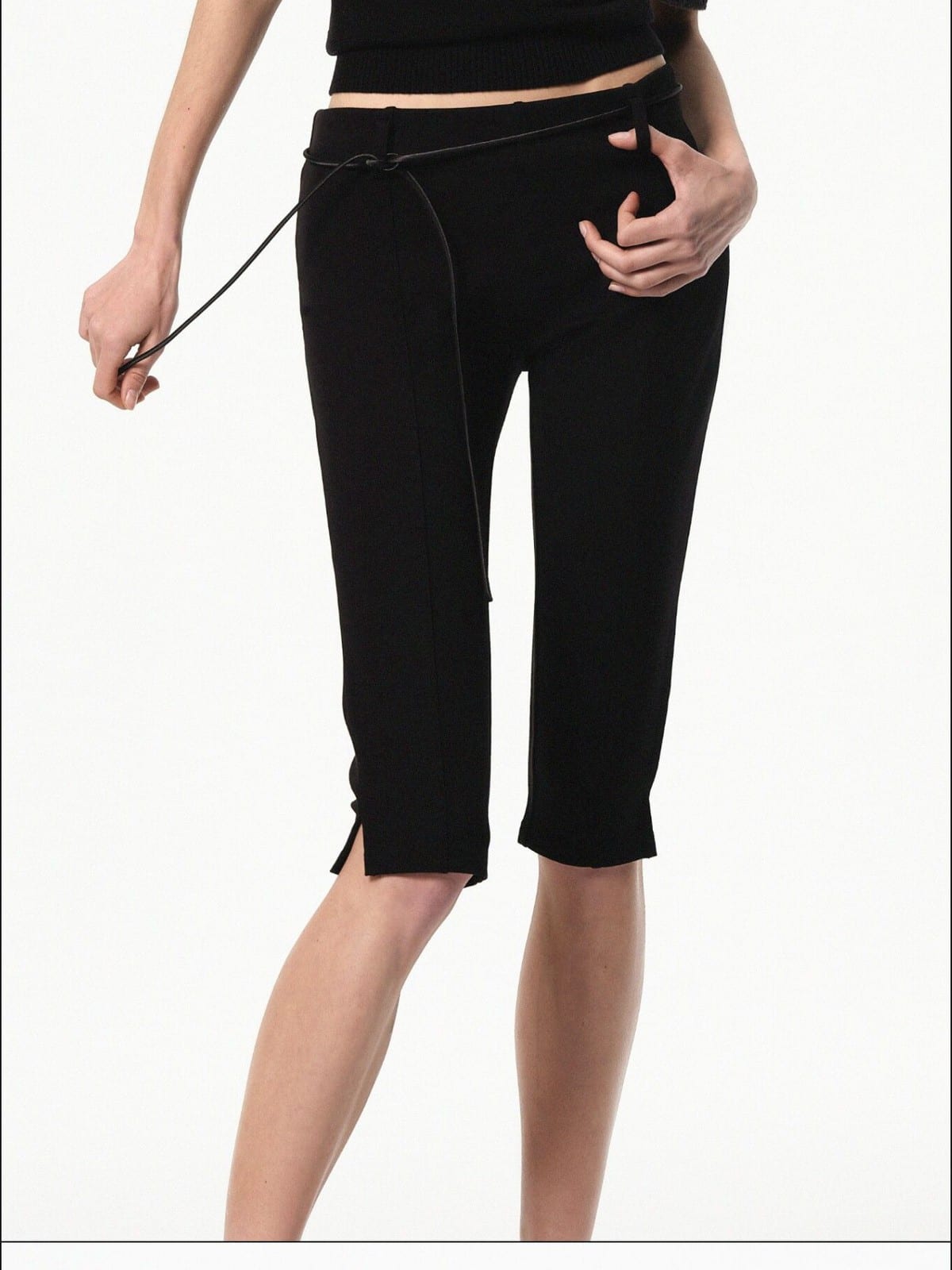 RARELY ALIKE Viscose Blend Belted Cropped Pants in Black - On Female Model