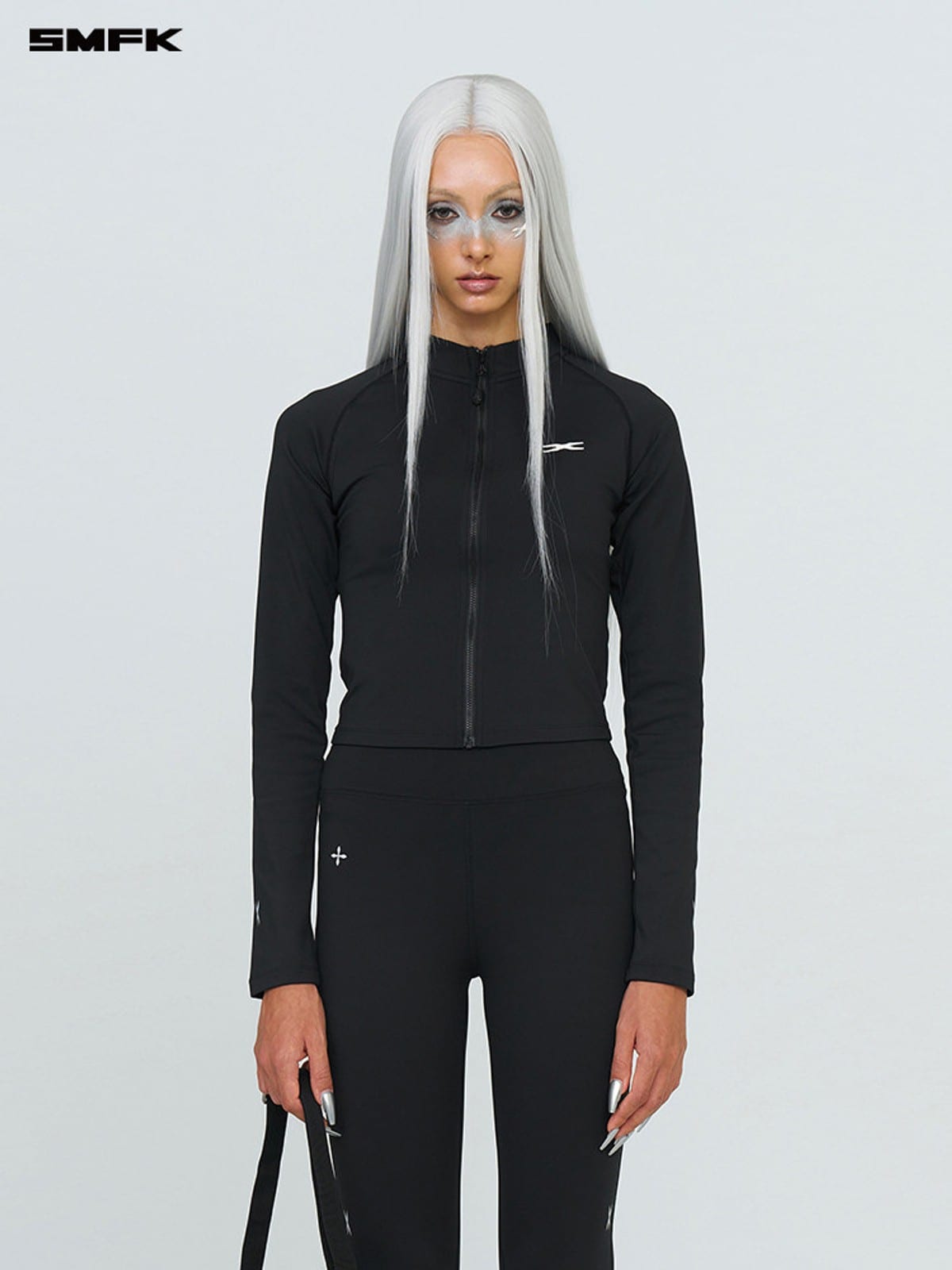 SMFK Brushed Fleece Zip Up Cropped Jacket in Black - On Female Model