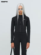 SMFK Brushed Fleece Zip Up Cropped Jacket in Black - On Female Model