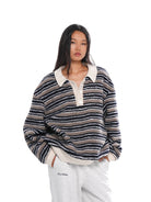 SweetChilling Striped Polar Fleece Polo Pullover in Brown - On Female Model