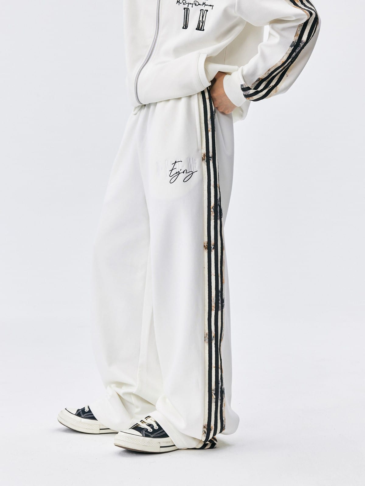 MEDM Lace Paneled Striped Track Pants in White - On Model