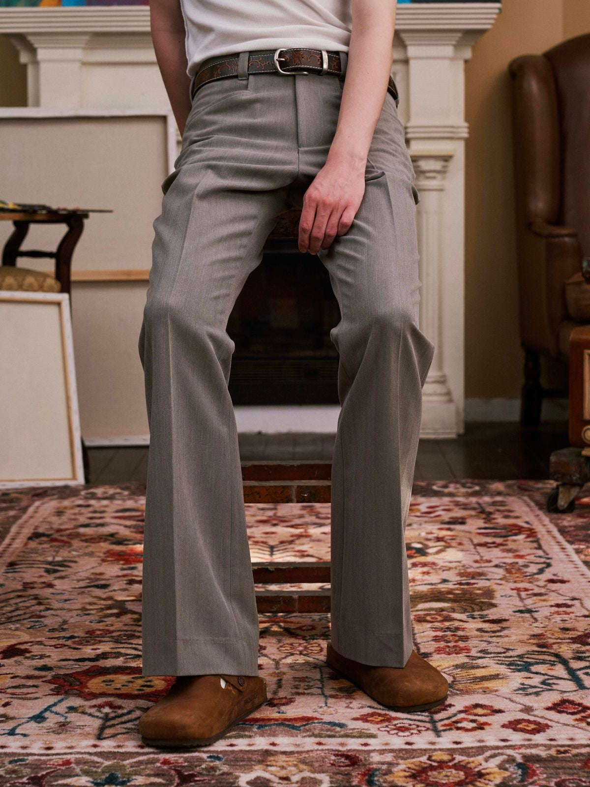 Retro 21 Center Seam Micro Flare Trousers in Gray - On Male Model