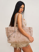 SMFK Distressed Denim Chain Tote Bag in Denim - On Female Model