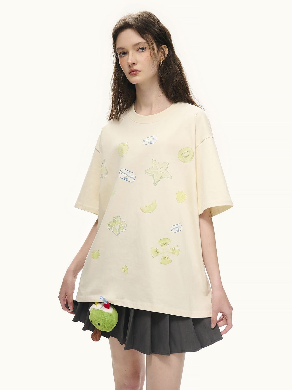LOSTCTRL Jelly Fruit Print Crewneck T Shirt in Orange - On Female Model