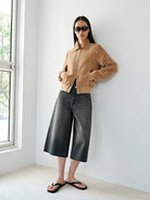 MSBEAST Top Grain Sheepskin Collared Bomber in Beige - On Female Model