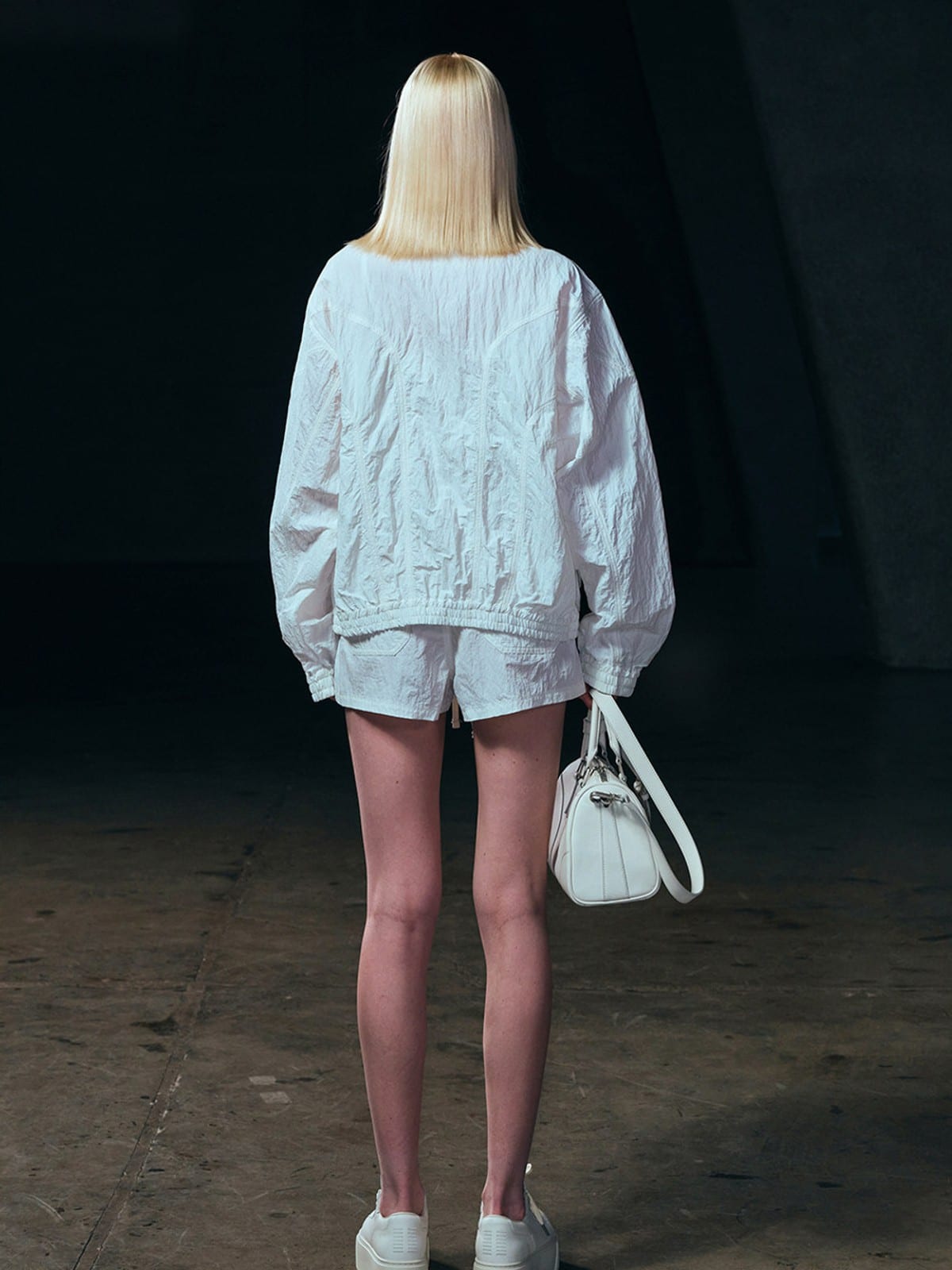 SMFK Crinkled Zip Up Sports Jacket in White - On Model