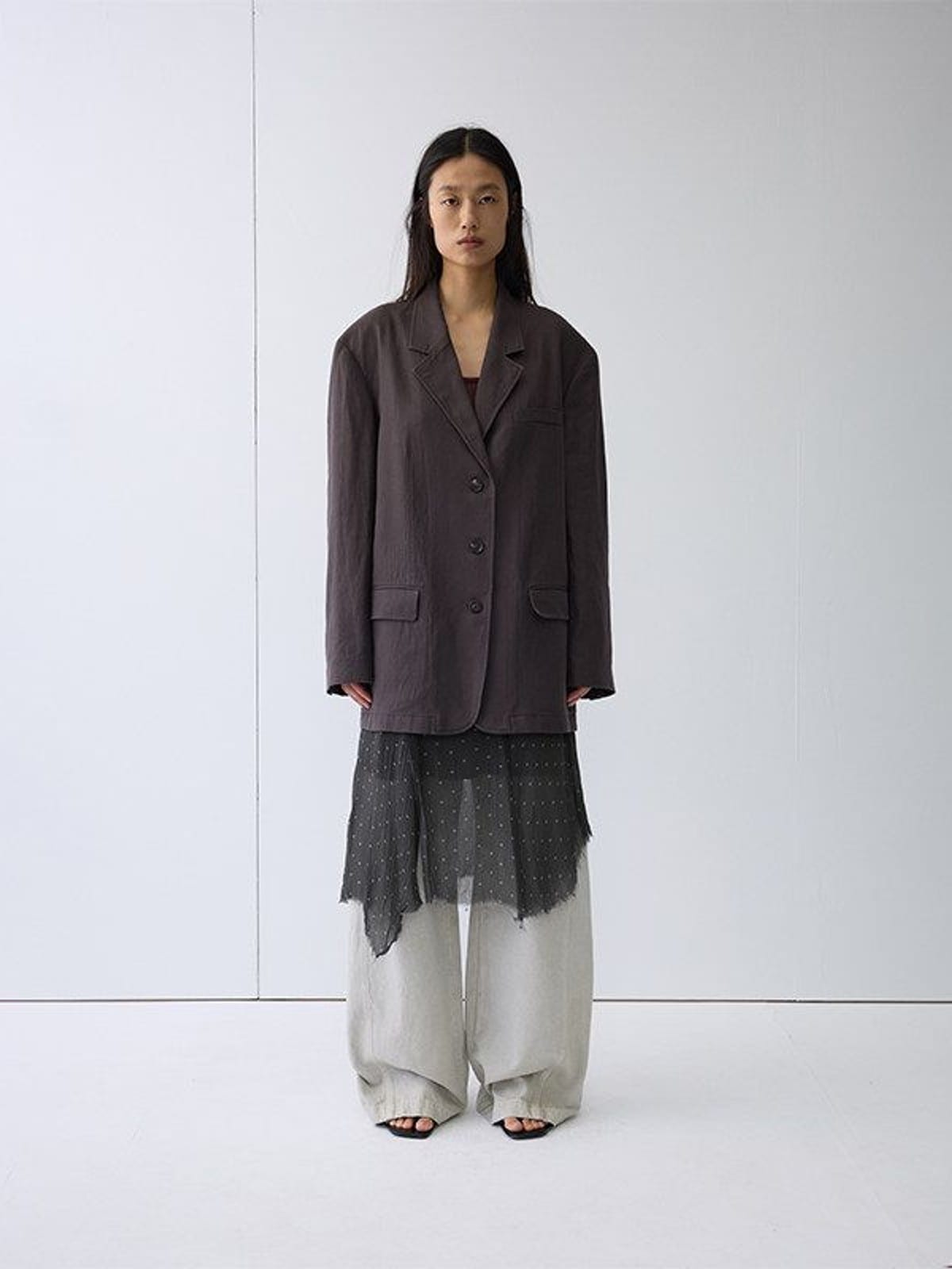 Random Piece Drop Shoulder Cotton Linen Blazer in Gray - On Female Model