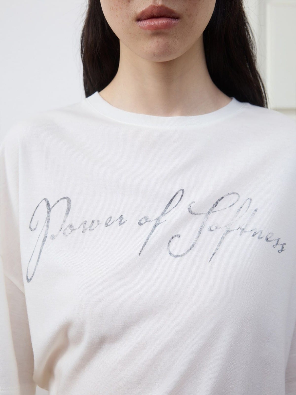 Random Piece Ruched Asymmetrical Graphic T Shirt in White - On Female Model