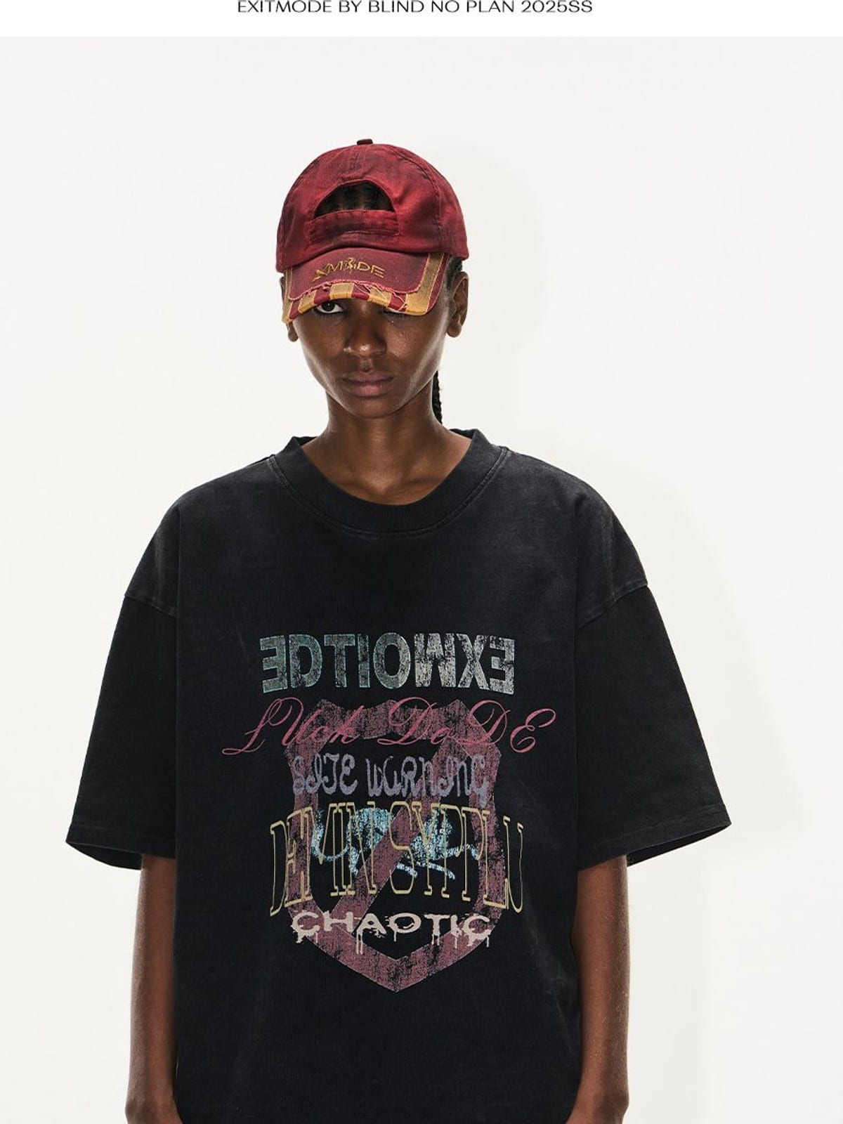 BLINDNOPLAN Distressed Overlapping Graphic T Shirt in Black - On Female Model