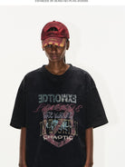 BLINDNOPLAN Distressed Overlapping Graphic T Shirt in Black - On Female Model