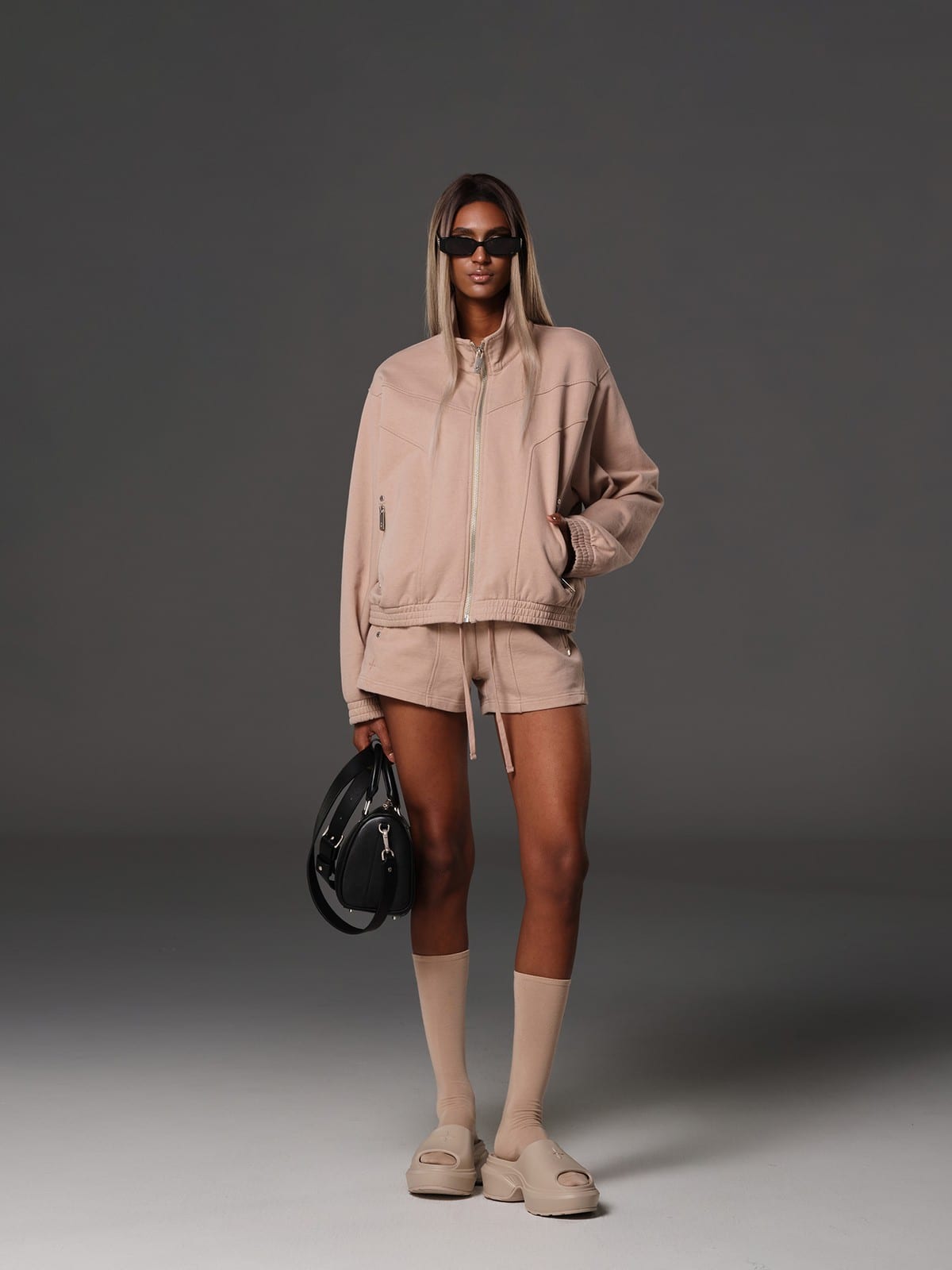 SMFK Cotton Wool Blend Drawstring Shorts in Beige - On Female Model