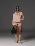 SMFK Cotton Wool Blend Drawstring Shorts in Beige - On Female Model