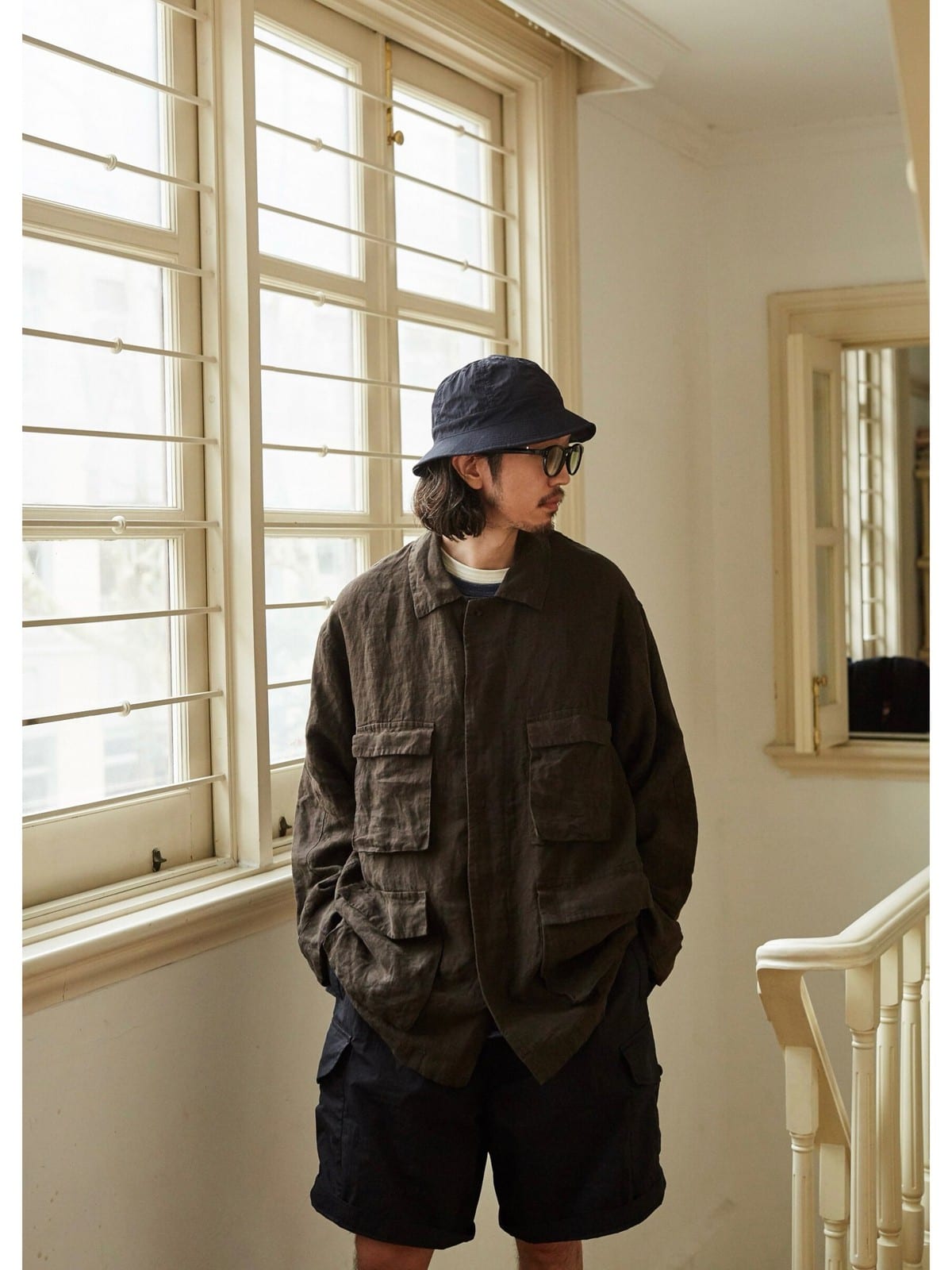 USAGE Linen Four Pocket BDU Jacket in Brown - On Male Model