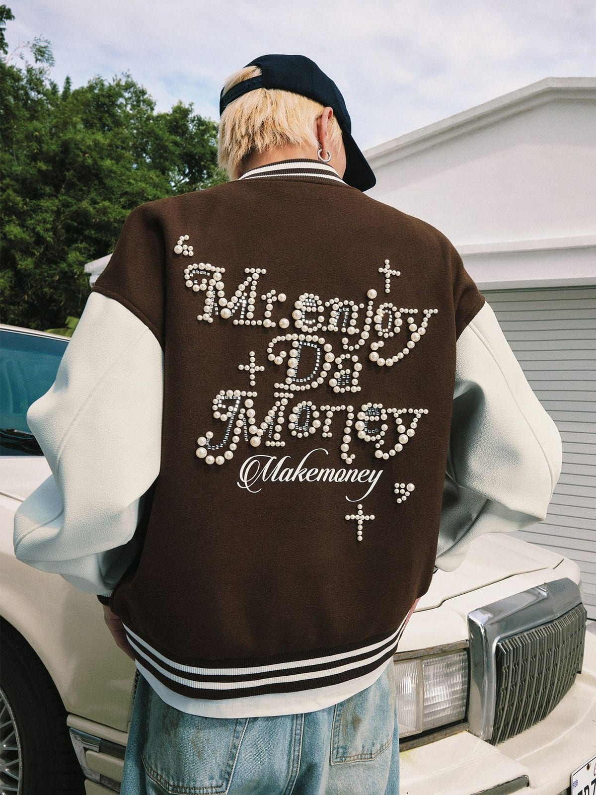 MEDM Pearl Embellished Varsity Jacket in Brown - On Model