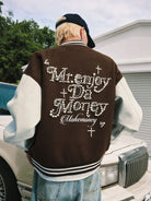 MEDM Pearl Embellished Varsity Jacket in Brown - On Model