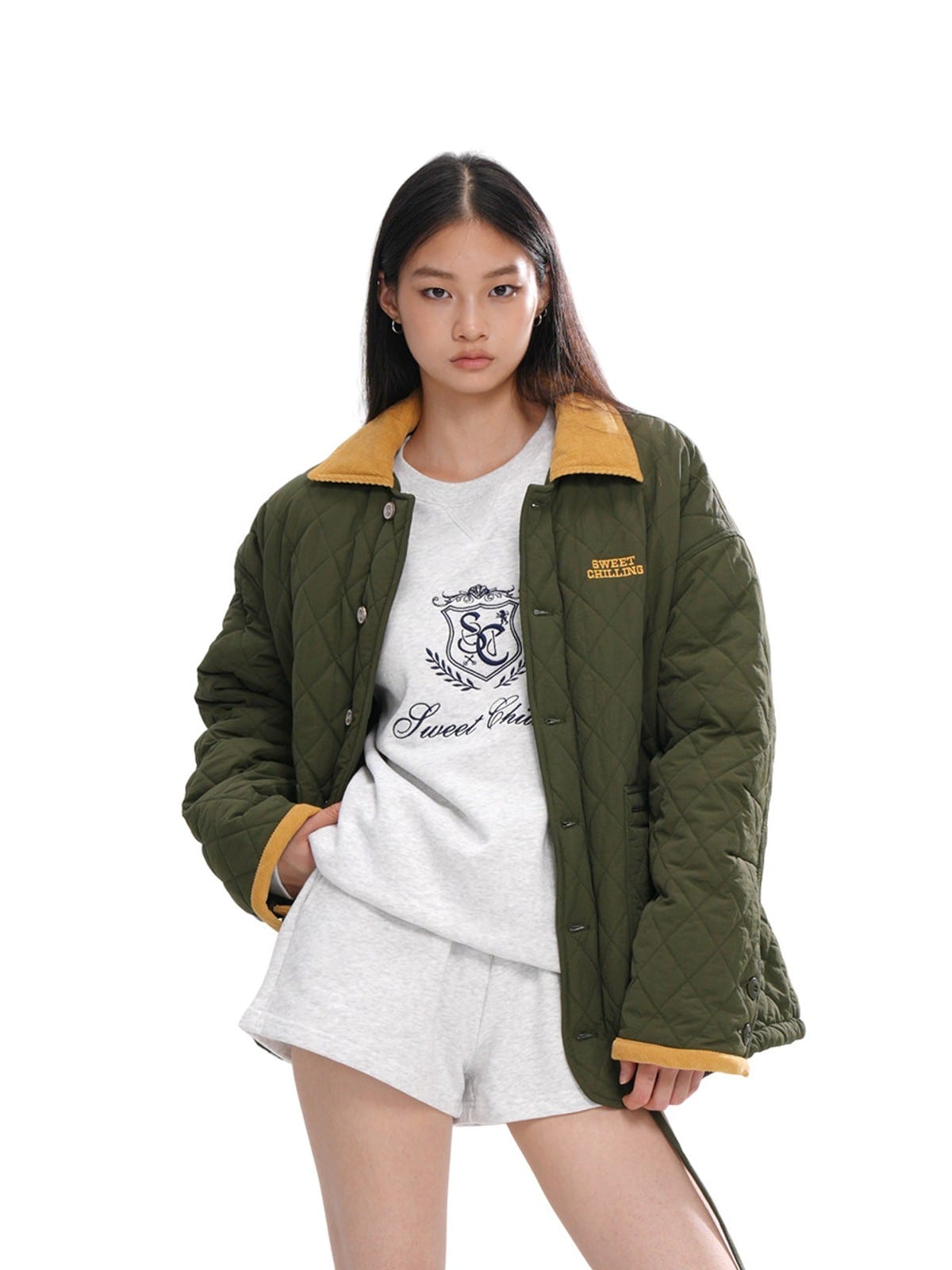 SweetChilling Quilted Contrast Collar Jacket in Green - On Female Model