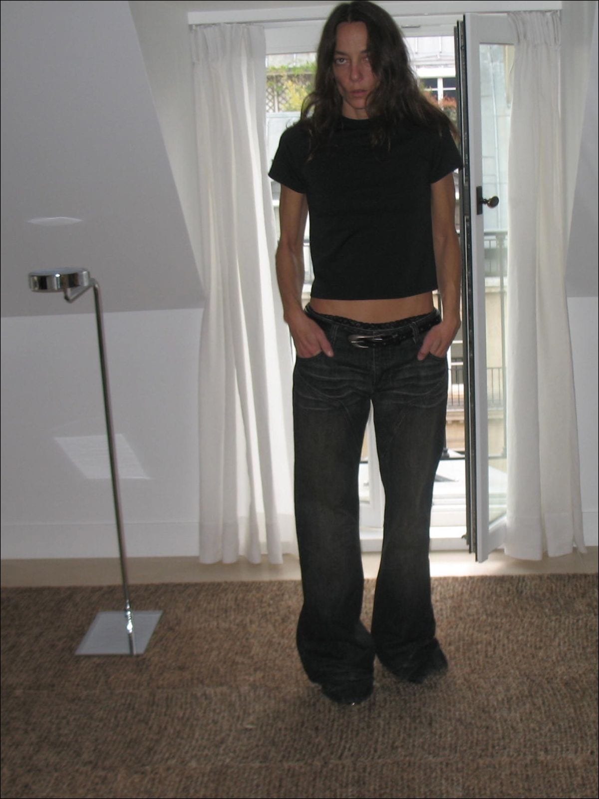 Fax copy express Curved Panel Dirty Wash Jeans in Gray - On Female Model