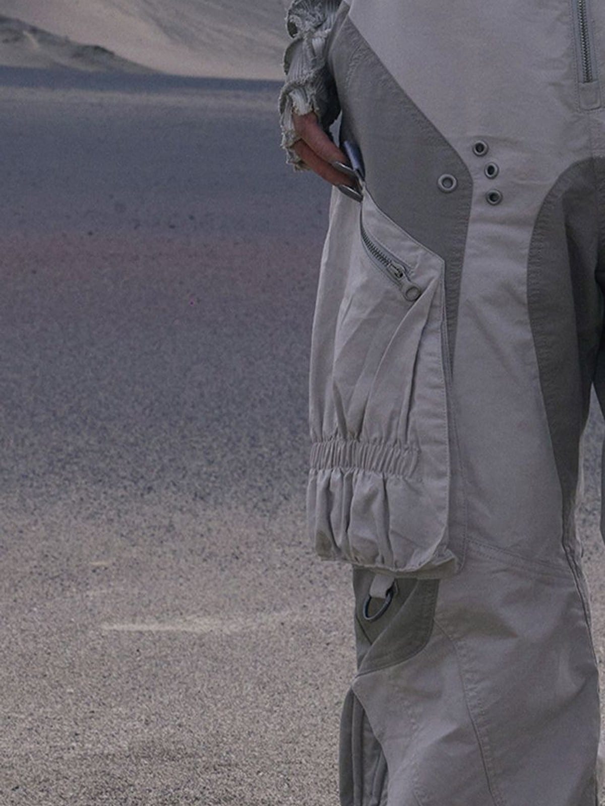 PERSONSOUL Panelled Cotton Cargo Pants in Gray - On Model