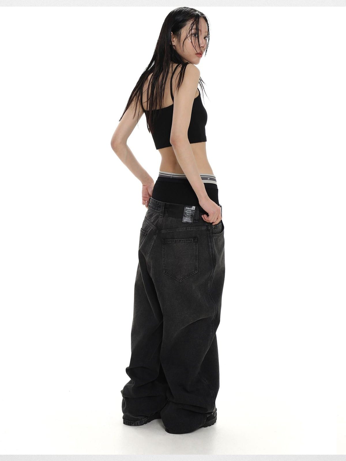 MASONPRINCE Inside Out Washed High Waisted Jeans in Gray - On Female Model