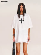SMFK Cross Graphic 100 Cotton T Shirt in White - On Female Model