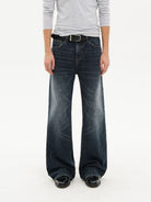 MASONPRINCE Faded Slub Flared Jeans in Navy Blue - On Male Model