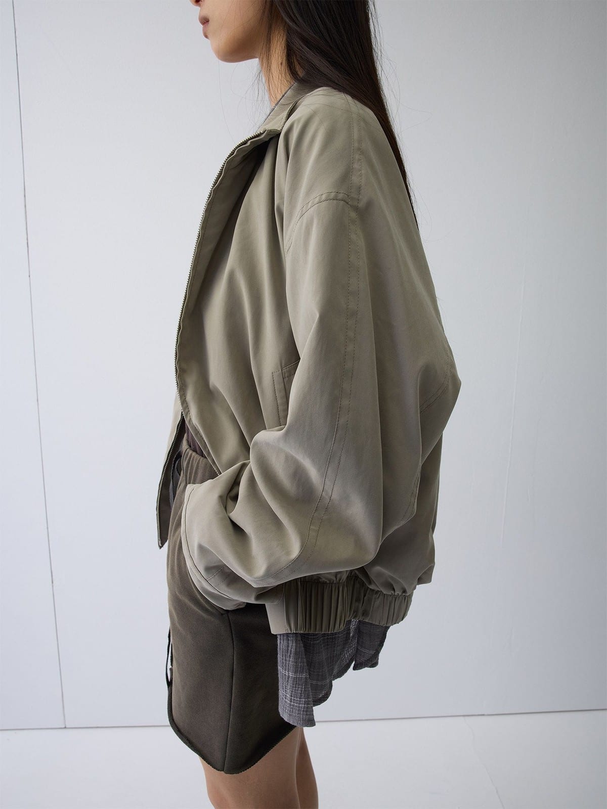 Random Piece Nylon Blend Zip Up Cropped Jacket in Khaki - On Female Model