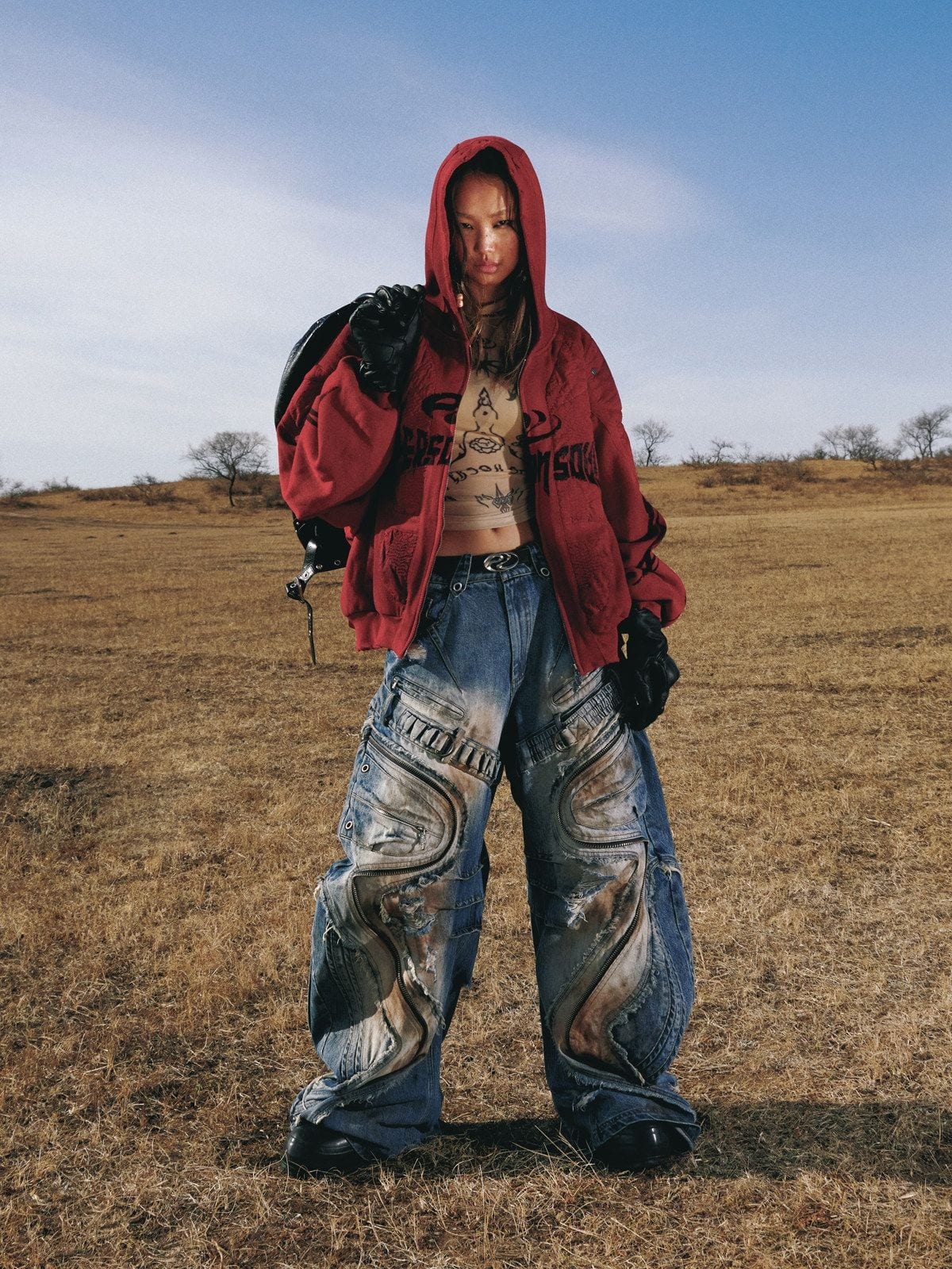 PERSONSOUL Armor Panel Zip Hoodie in Red - On Female Model