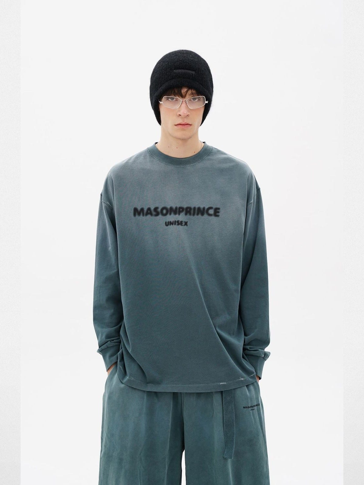 MASONPRINCE Distressed Hoodie Sweatpants Set in Teal - On Male Model