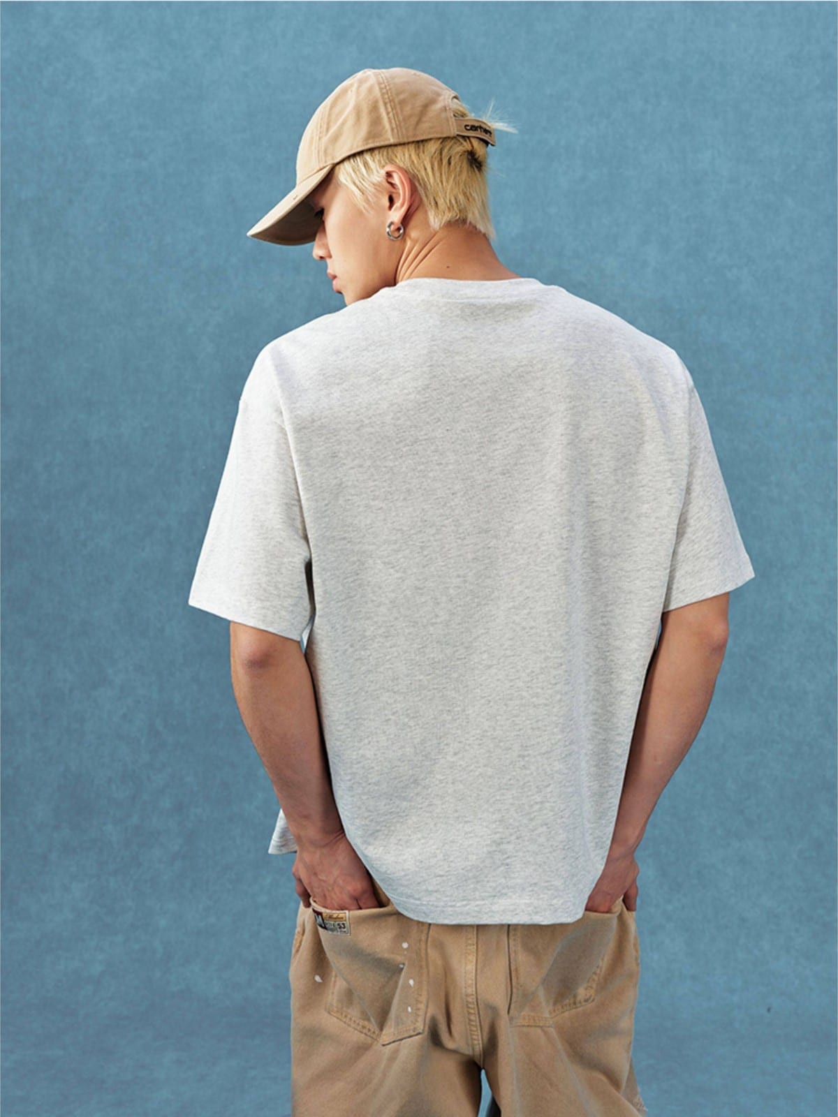MEDM Letter Embroidery Cotton T Shirt in Gray - On Male Model