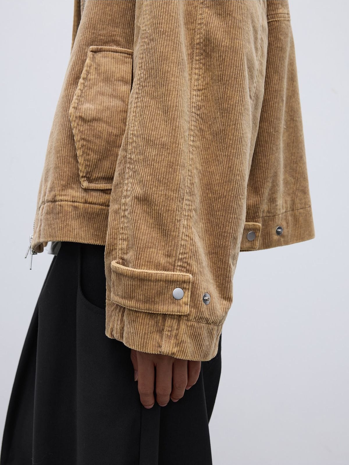 Random Piece Distressed Corduroy Cropped Jacket in Beige - On Model