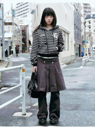 MEDM Cropped Striped Applique Zip Hoodie in Black - On Female Model