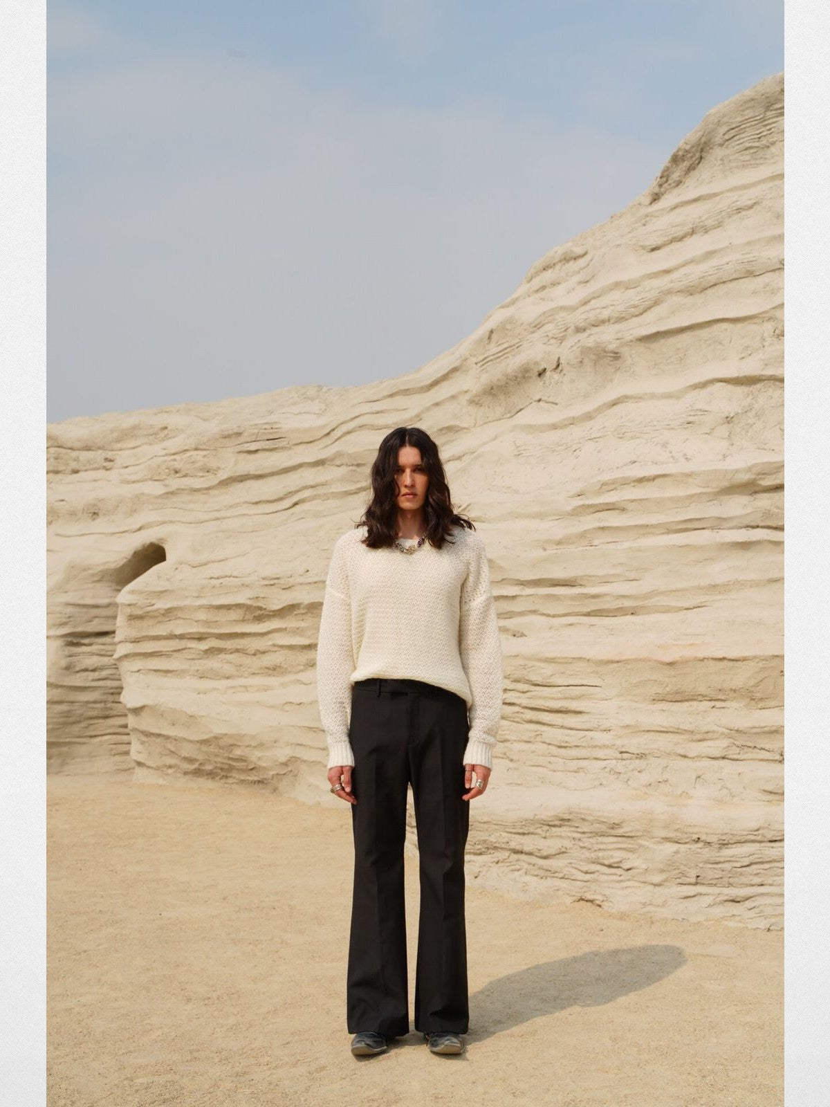 Retro 21 Hollow Knit Wool Mohair Sweater in White - On Male Model