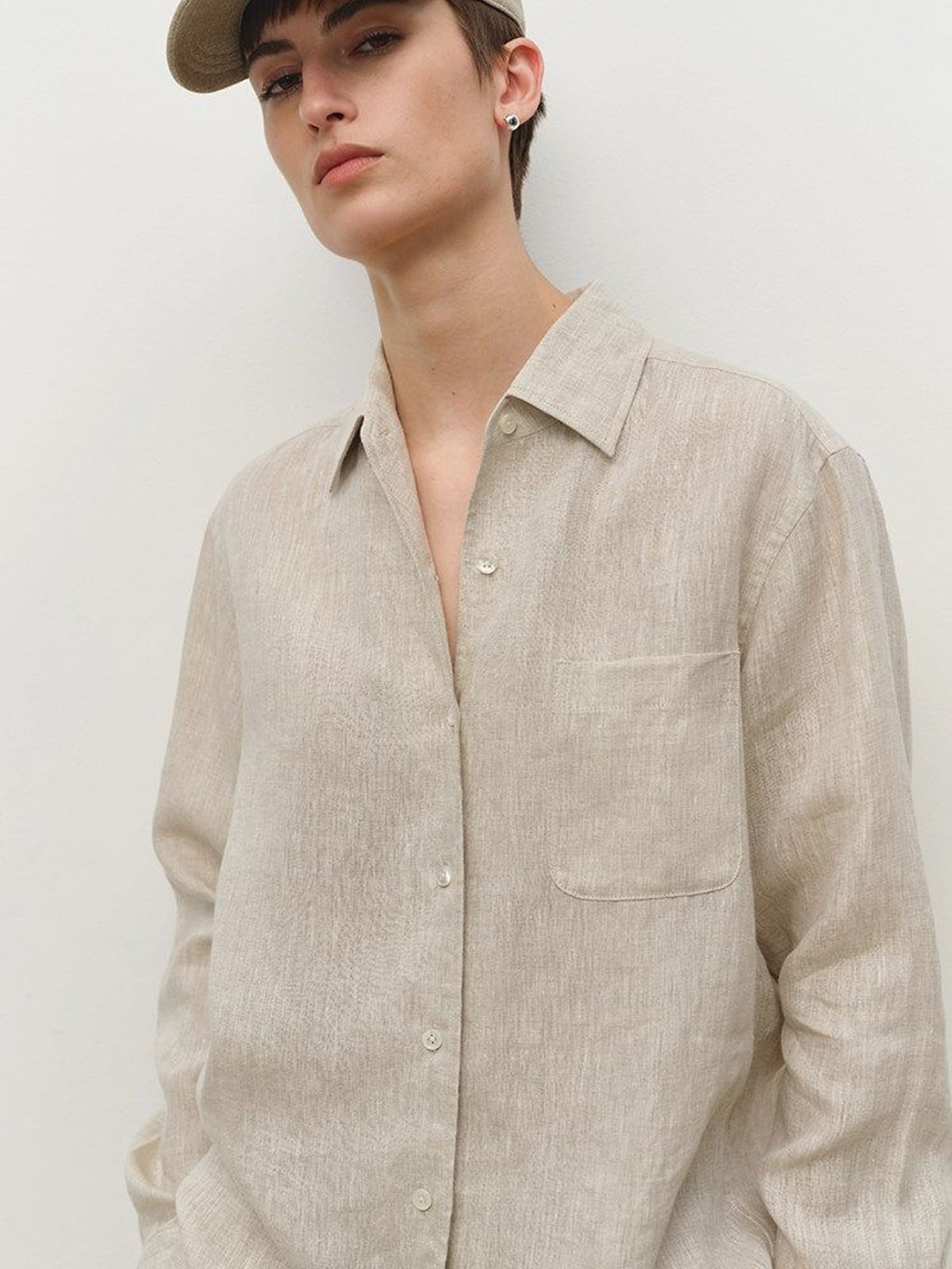 MSBEAST Linen Button Up Shirt Shorts Set in Beige - On Female Model
