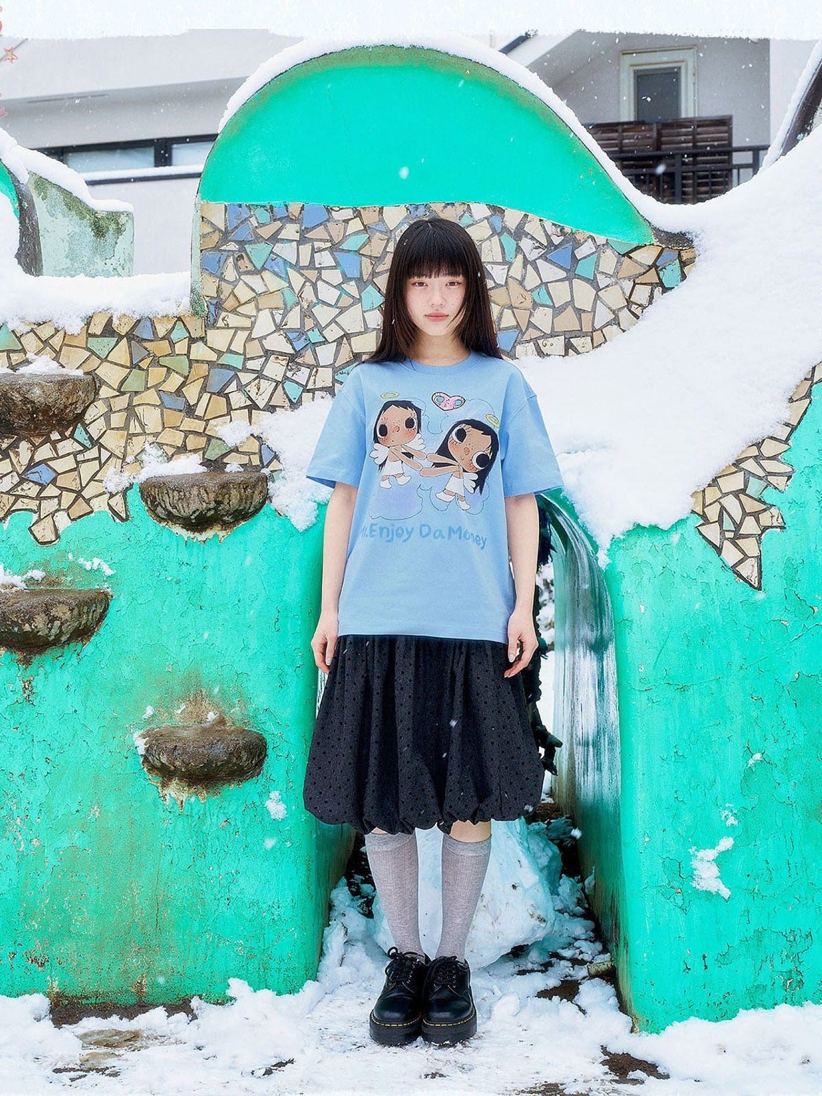 MEDM Embroidered Heart Cotton T Shirt in Sky Blue - On Female Model