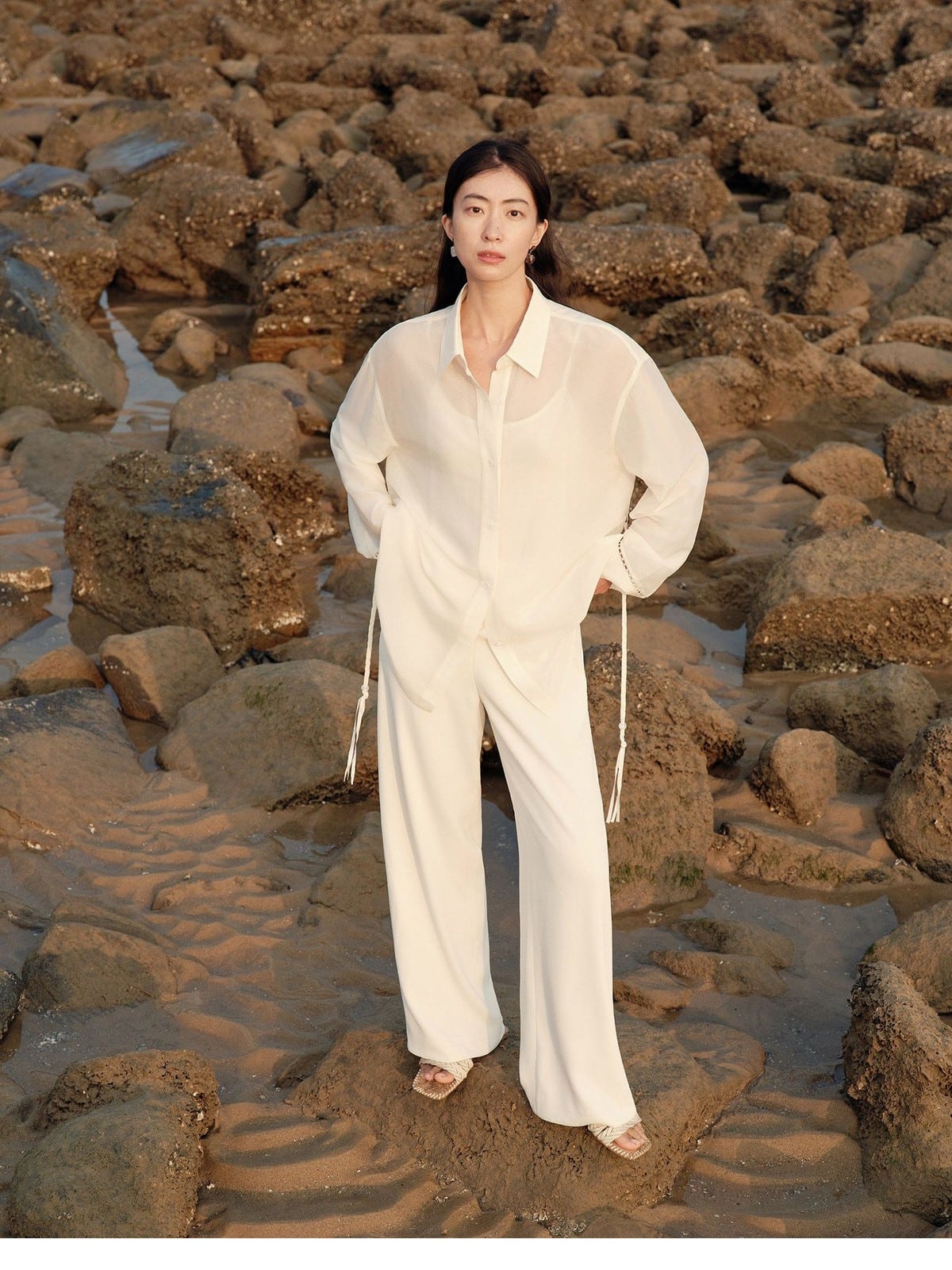 TEASEL Silk Blend Sheer Resort Shirt in White - On Female Model