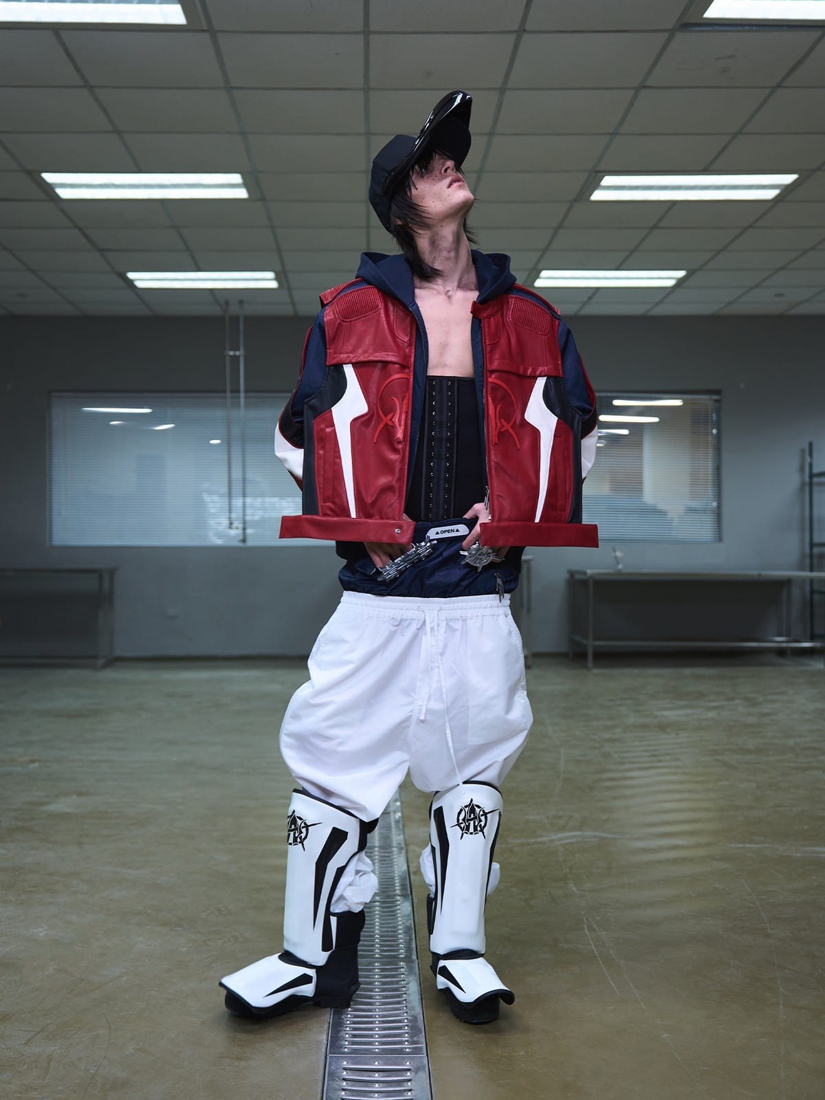 BLINDNOPLAN Layered Colorblock Racing Jacket in Red - On Model