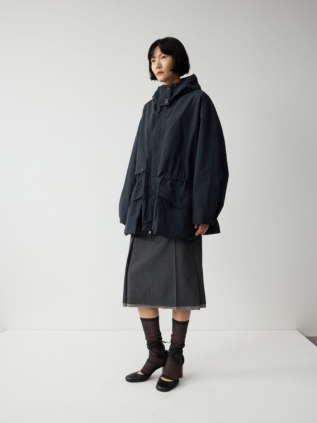 Random Piece Cotton Blend Drawstring Cargo Jacket in Navy Blue - On Female Model