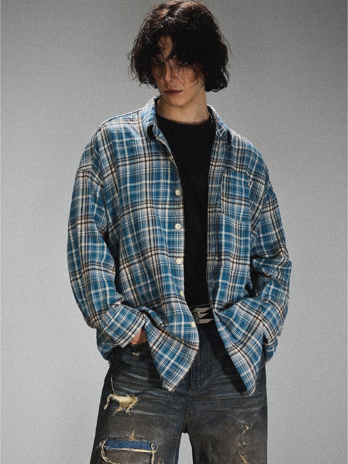 LOSTCTRL Frayed Asymmetric Plaid Shirt in Blue - On Male Model