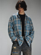 LOSTCTRL Frayed Asymmetric Plaid Shirt in Blue - On Male Model