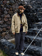 USAGE Heavyweight Cotton Canvas Barn Jacket in Beige - On Male Model