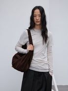 Random Piece Merino Wool U Neck Short Sleeve T Shirt in Light Gray - On Female Model