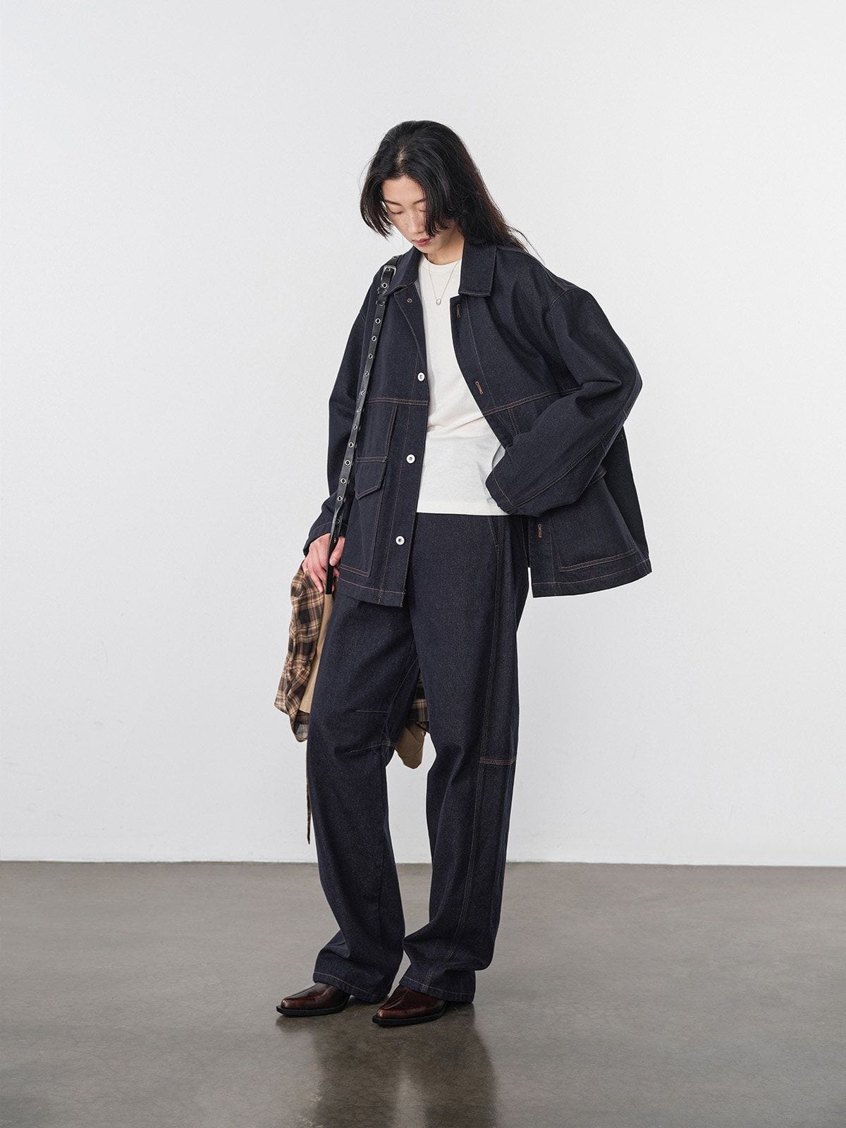 Random Piece Cotton Convertible Workwear Jacket in Navy Blue - On Female Model