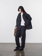 Random Piece Cotton Convertible Workwear Jacket in Navy Blue - On Female Model