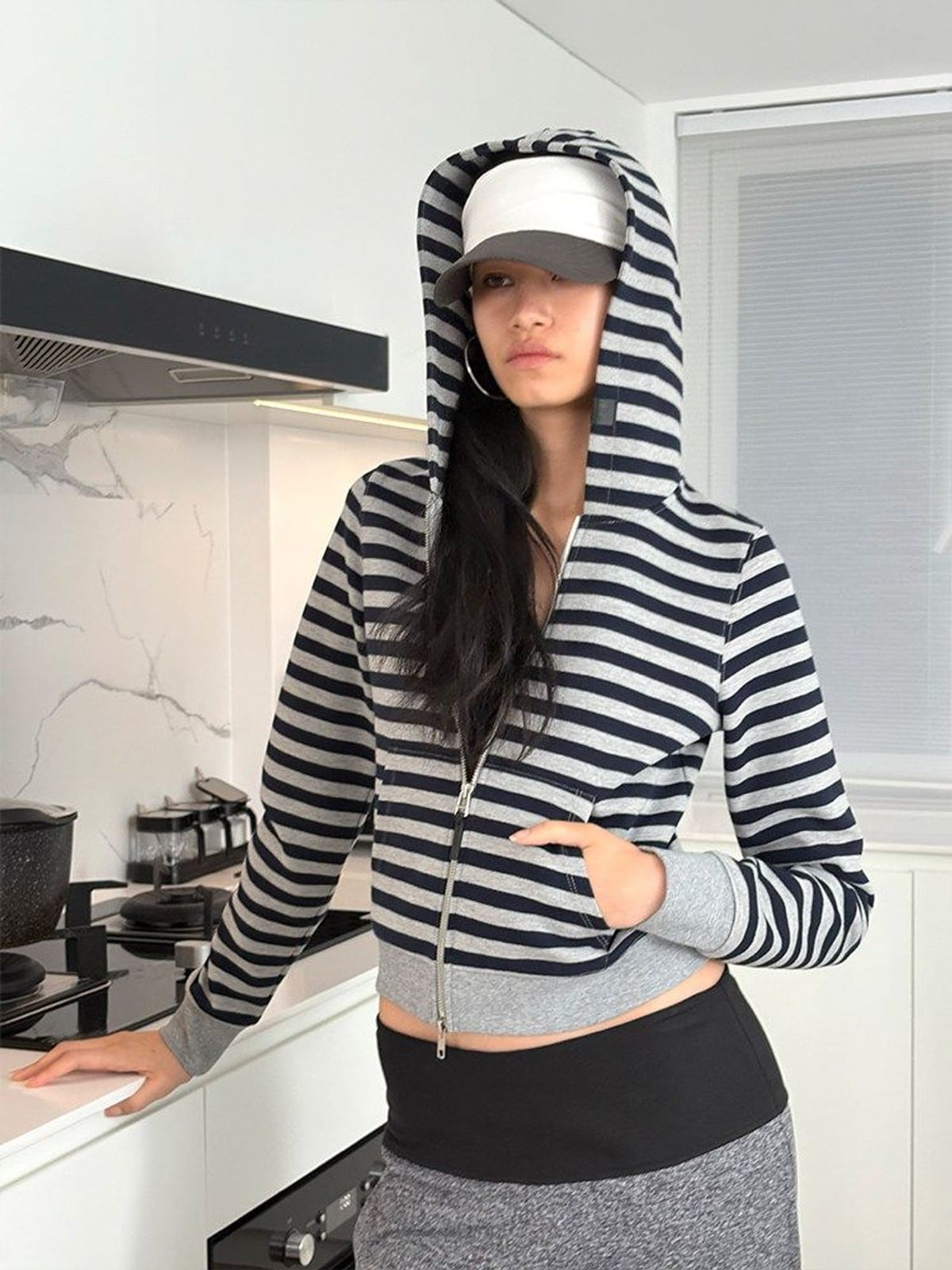 RARELY ALIKE Cropped Striped Zip Up Hoodie in Navy - On Female Model