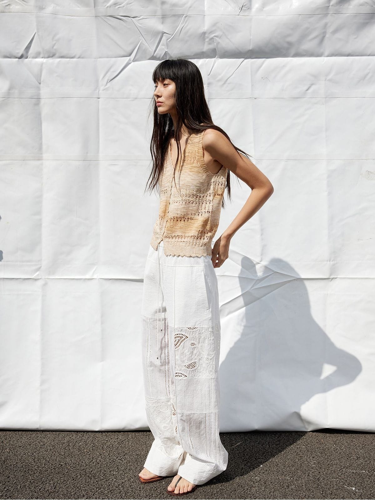 Random Piece Embroidered Cutout Wide Leg Pants in White - On Female Model