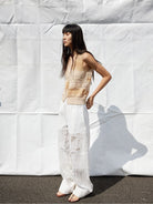 Random Piece Embroidered Cutout Wide Leg Pants in White - On Female Model